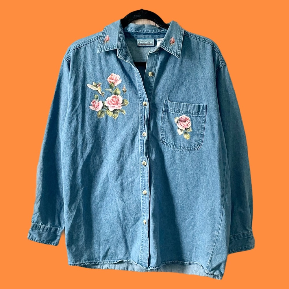 Vintage Hummingbird & Floral Print Denim Blouse